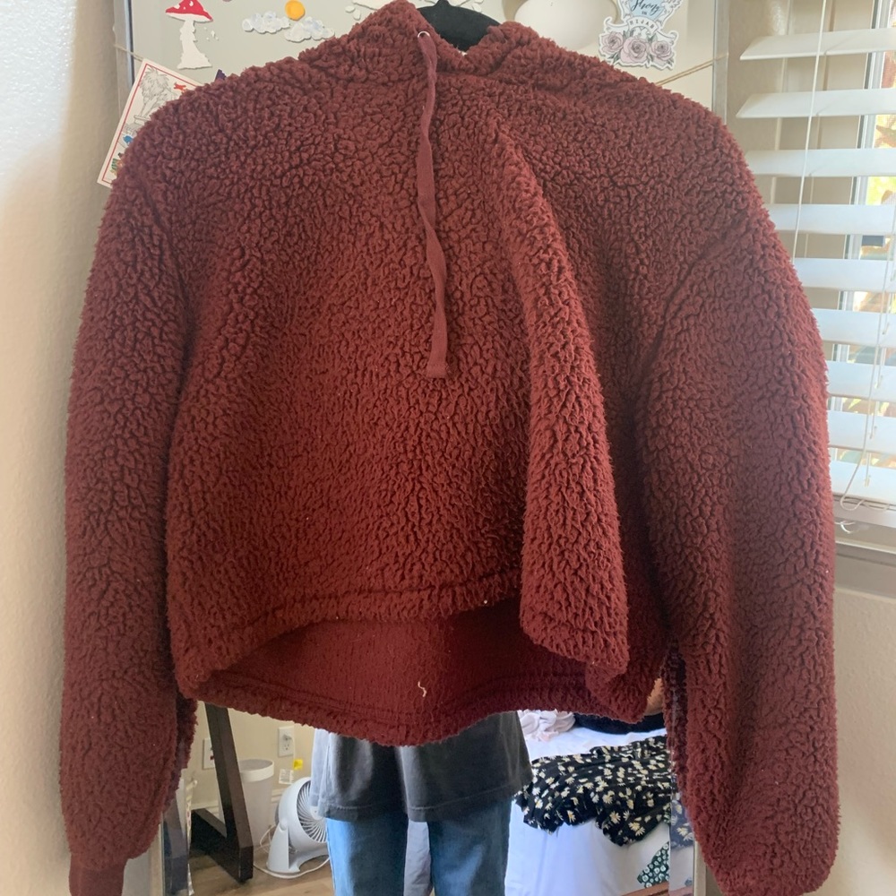 cropped maroon fuzzy sweater